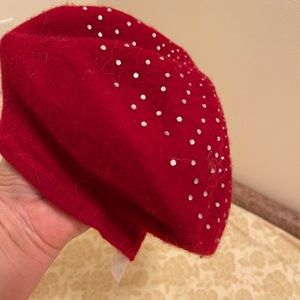Deep red wool hat with diamond studs. One size. New
